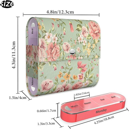 Pill Organizer,LIZIMANDU Weekly Travel Pill Case Box Medication Reminder Daily AM PM, Day Night 7 Compartments,for 4 Times A Day, 7 Days a Week-Includes Leather PU Carrying Case (Blue Rose)