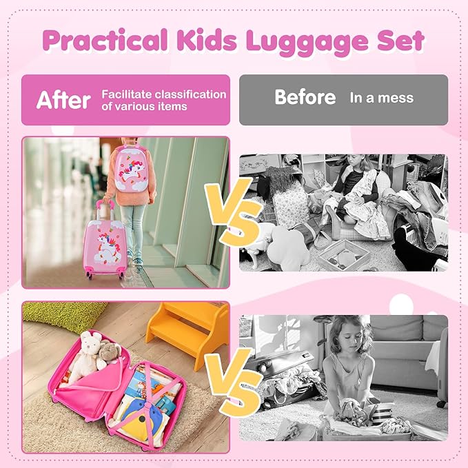 HONEY JOY Kids Luggage, 12" Toddler Backpack & 16" Travel Suitcase with Wheels, Lightweight Toddler Girls Suitcase, Durable ABS Hardshell, 2Pcs Carry On Luggage Set for Boys Girls(Unicorn)