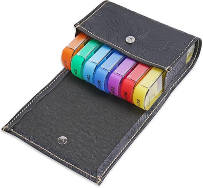 Pill Organizer,LIZIMANDU Weekly Travel Pill Case Box Medication Reminder Daily AM PM, Day Night 7 Compartments,for 4 Times A Day, 7 Days a Week-Includes Leather PU Carrying Case(1-Carved Black)