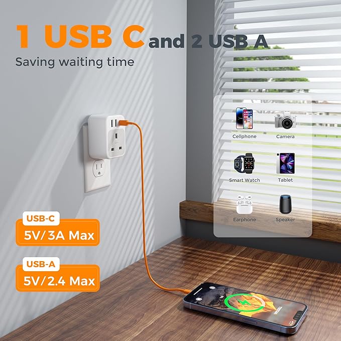 TESSAN UK to US Plug Adapter, UK Adapters for Travel with AC Outlet 3 USB (1 USB C), Type G Power Adapter Ireland London Scotland Kenya Dubai Singapore to Type B USA Travel Adaptor