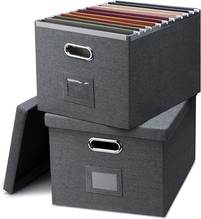 File Organizer, Collapsible Storage Filling Box with Lid for Letter Legal Size Hanging Folders Decorative Linen File Folder Box Document Storage Filing Bin, Dark Gray 2 Pack