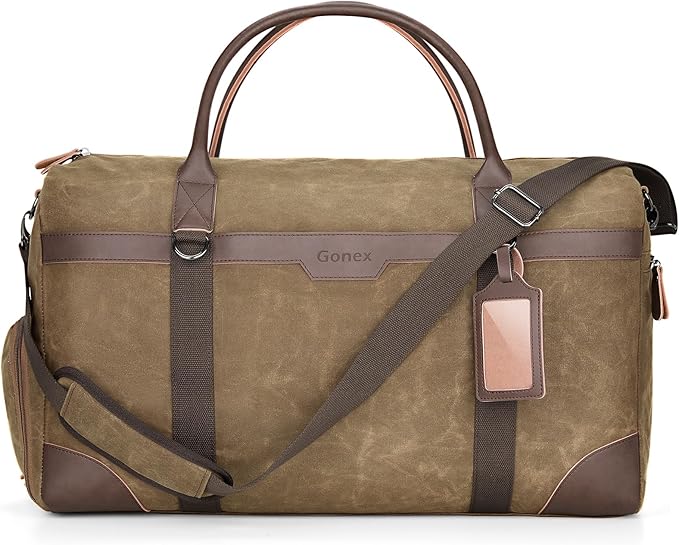 Gonex Waxed Canvas Duffle Bag for Travel, Water-resistant Vintage 55L Duffel Weekender with Shoes Compartment & Luggage Tag, Heavy-duty Overnight Bag with Suitcase Handle Sleeve for Men, Coffee