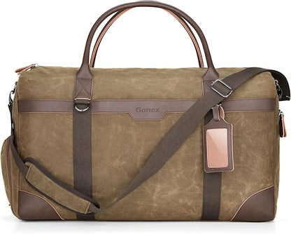 Gonex Waxed Canvas Duffle Bag for Travel, Water-resistant Vintage 55L Duffel Weekender with Shoes Compartment & Luggage Tag, Heavy-duty Overnight Bag with Suitcase Handle Sleeve for Men, Coffee