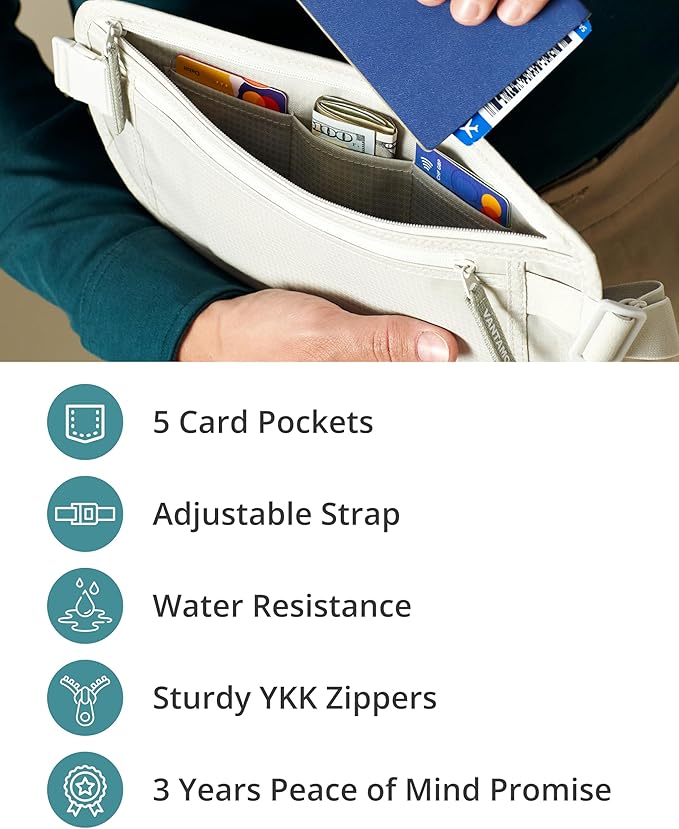 Vantamo Money Belt with RFID For Men & Women, Hidden Passport Holder for Travel, 2 Compartment Travel Fanny Pack for Women Anti Theft