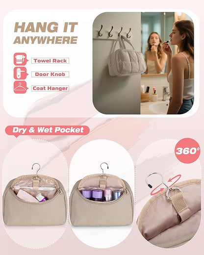 Travel Toiletry Bag for Women with Hanging Hook, Water Resistant Puffy Makeup Organizer with Leak Proof Pockets for Toiletries and Cosmetics - Khaki (Bag Only)