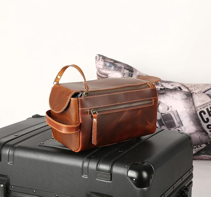 KomalC Premium Buffalo Leather Toiletry Bag for Men & Women – Leather Dopp Kit With Water resistant Lining, Premium Toiletry Travel Pouch, Unisex Wash Bag for Toiletries, Gifts for Men and Women