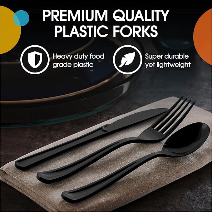 Black Plastic Silverware Heavy Duty 300 Pieces Black Disposable Silverware Heavy Duty, Utensil Sets, 100 Of Each Forks, Knives & Spoons Disposable Cutlery Set For Party Supplies