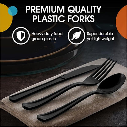 Black Plastic Silverware Heavy Duty 300 Pieces Black Disposable Silverware Heavy Duty, Utensil Sets, 100 Of Each Forks, Knives & Spoons Disposable Cutlery Set For Party Supplies