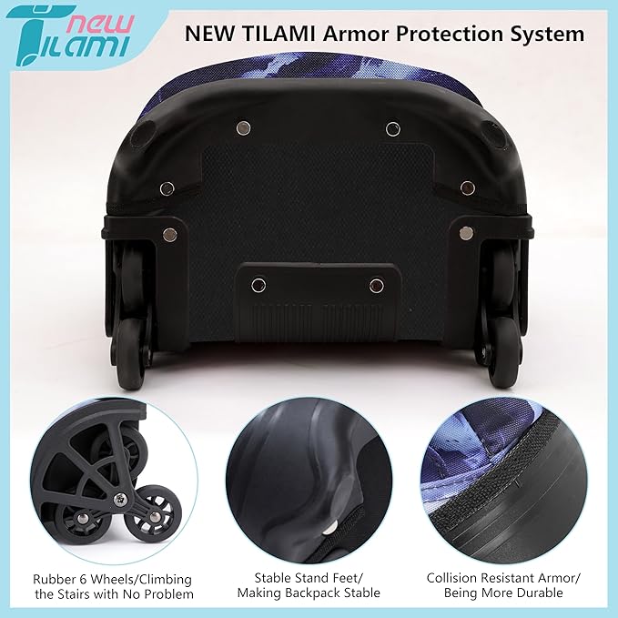 NEW TILAMI 18 Inch Rolling Backpack with Wheels for Girls Boys Kids Laptop Backpack School Travel, Purple Lightning