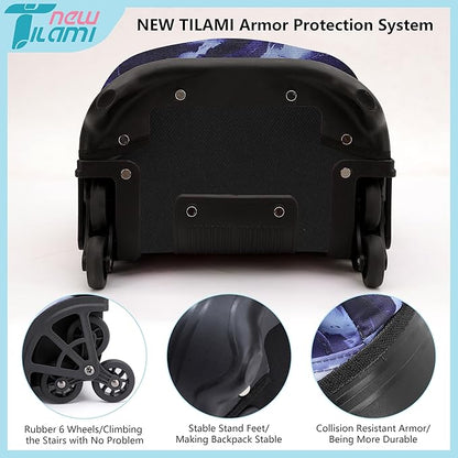 NEW TILAMI 18 Inch Rolling Backpack with Wheels for Girls Boys Kids Laptop Backpack School Travel, Purple Lightning