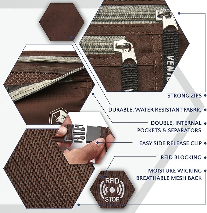 VENTURE 4TH Slim Minimalist Design RFID Money Belt with RFID Blocking Sleeves, for Men and Women – Ideal for Keeping Your Cash, Credit Card, Passport, Phone Secure When Traveling - Brown