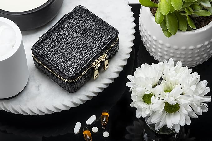 Weekly Pill Organizer 7 Day – Travel Pill Case for Vitamins & Medication, Premium Vegan Leather Pill Box with Removable Daily Compartments, Portable Supplement Organizer with Secure Zipper (Black)