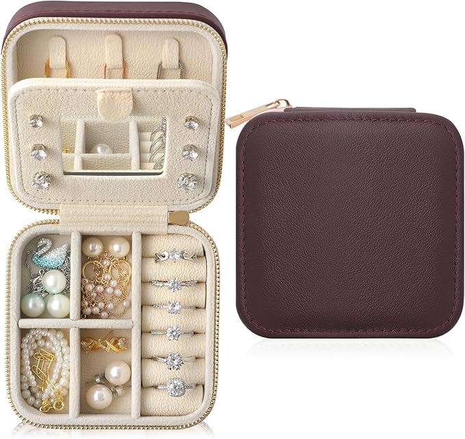 Genuine Leather Travel Jewelry Organizer Case with Mirror for Women, Small Mini Portable Jewelry Box for Earring, Ring, Necklace, Bracelet（Burgundy）