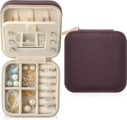 Genuine Leather Travel Jewelry Organizer Case with Mirror for Women, Small Mini Portable Jewelry Box for Earring, Ring, Necklace, Bracelet（Burgundy）