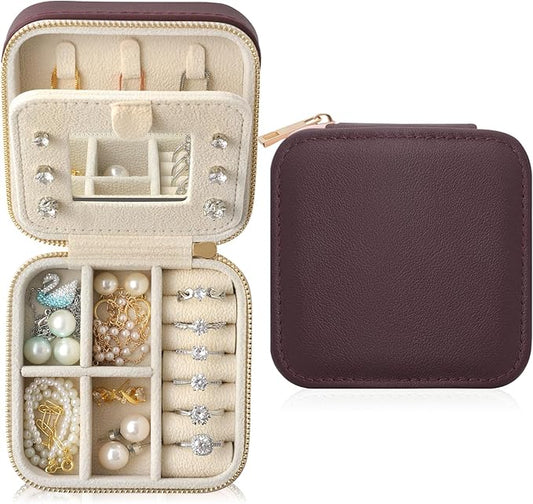 Genuine Leather Travel Jewelry Organizer Case with Mirror for Women, Small Mini Portable Jewelry Box for Earring, Ring, Necklace, Bracelet（Burgundy）