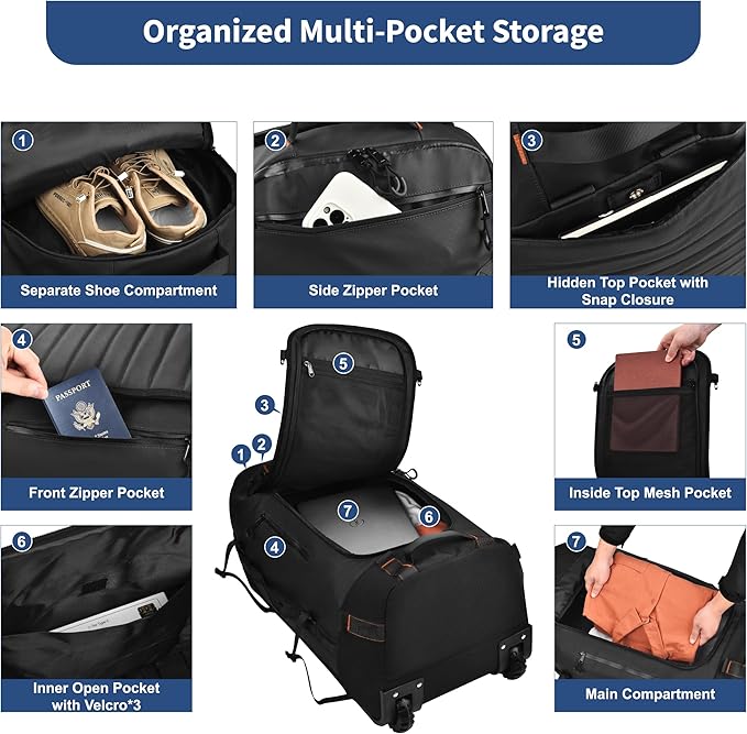 Foldable Rolling Duffle Bag with Wheels - 30" Extra Large Waterproof Travel Backpack with Shoe Compartment, Heavy Duty TSA-Approved Luggage for Men’s Camping, Sports, and Airplane Trips