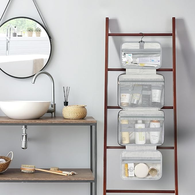 PAVILIA Hanging Toiletry Bag Travel Bag Women Men, Foldable Cosmetic Organizer, Roll up Makeup Bag, Water Resistant Accessories Toiletries, Large Travel Essentials Kit (Grey Floral)