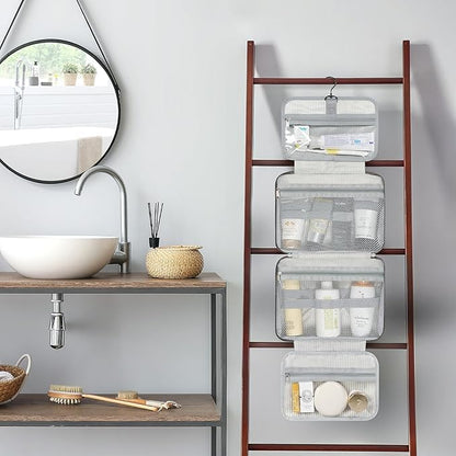 PAVILIA Hanging Toiletry Bag Travel Bag Women Men, Foldable Cosmetic Organizer, Roll up Makeup Bag, Water Resistant Accessories Toiletries, Large Travel Essentials Kit (Grey Floral)