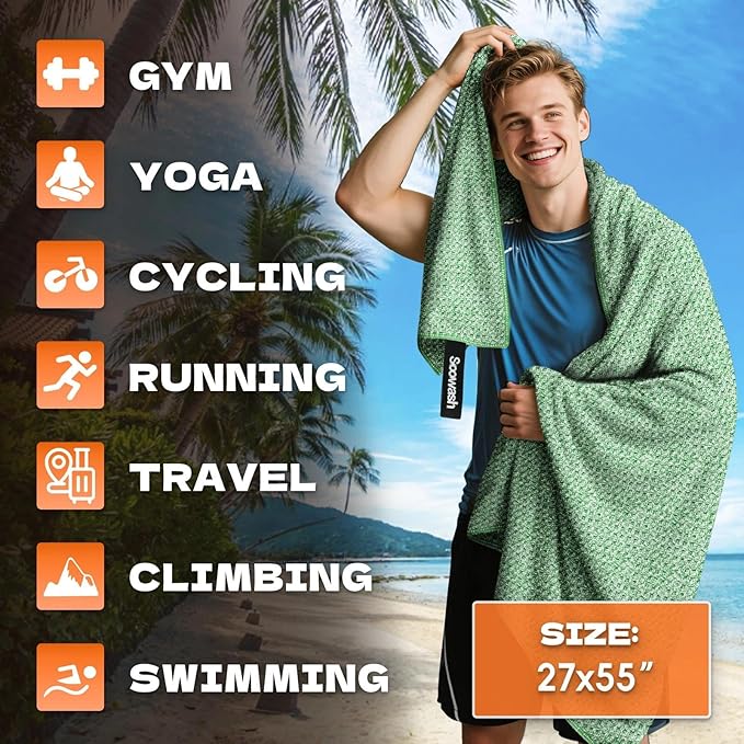 Camping Towels Quick Dry Sweat Towels for Gym, Absorbent Fast Drying Lightweight 27 inch X 55 inch Negative Ions Odorless Gym Towels for Men & Women,Yoga Sports Travel Outdoor (Large Green)