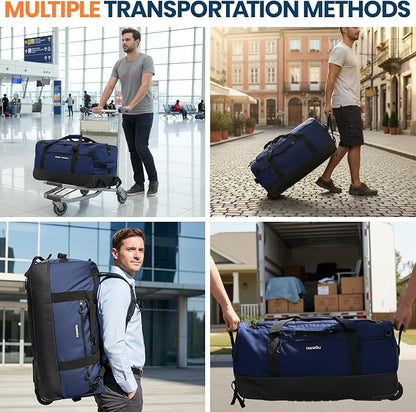 Fanwoli 30'' Large Rolling Duffel Bag with Wheels - No-Sag Design for Heavy Loads, 100L Waterproof Foldable Luggage w/Hidden Backpack Straps & Waist Support Compartment, Lightweight Travel & Gym