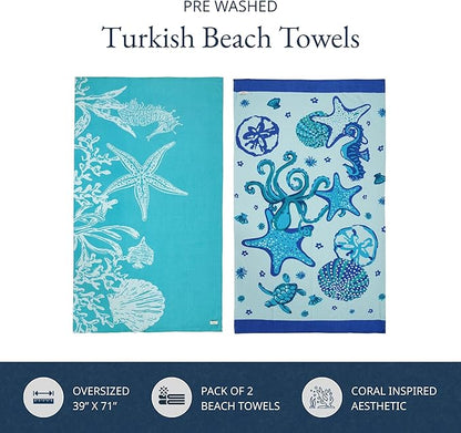 LANE LINEN 2-Pack Oversized Beach Towels, 39"x71" – Quick-Dry, Sandproof & Absorbent – Lightweight Travel Essentials for Pool or Shore – Starfish Serenade