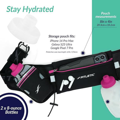 Fitletic Hydration Running Belt with Water Bottles for Men & Women – 2 Quick Flow 8oz Running Water Bottles, Patented Bounce Free Design, Water Resistant Pouch Fits All Phones – Hydra 16