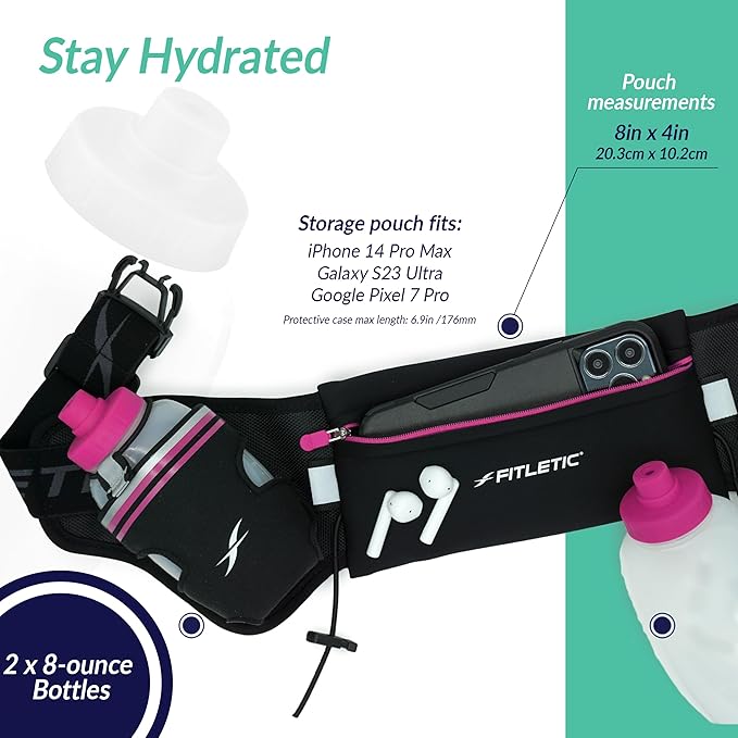 Fitletic Hydration Running Belt with Water Bottles for Men & Women – 2 Quick Flow 8oz Running Water Bottles, Patented Bounce Free Design, Water Resistant Pouch Fits All Phones – Hydra 16
