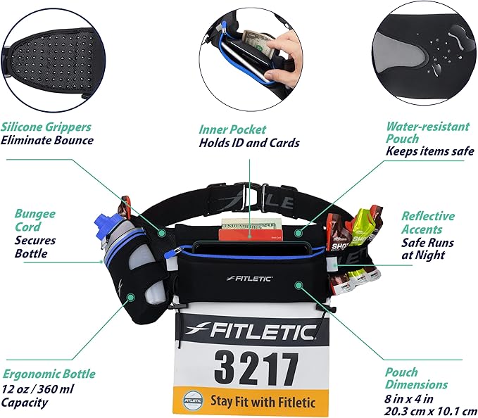 Fitletic Hydration Running Belt With 12oz Quick Flow Water Bottle For Men & Women –Race Belt, Gel Holder & Bib Toggles Patented Bounce Free Design, Water Resistant Fits All Phones –Fully Loaded