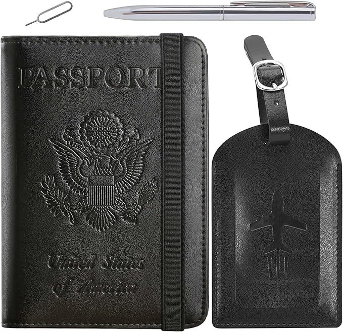 Passport Holder With Luggage Tag Travel Essentials Passport Cover Wallet RFID Blocking Leather Case International Must Haves Travel Accessories Women Men(115#Black)