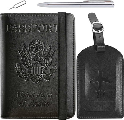 Passport Holder With Luggage Tag Travel Essentials Passport Cover Wallet RFID Blocking Leather Case International Must Haves Travel Accessories Women Men(115#Black)