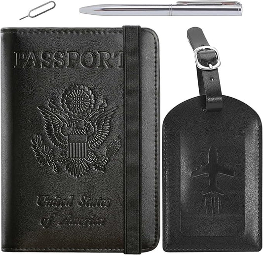 Passport Holder With Luggage Tag Travel Essentials Passport Cover Wallet RFID Blocking Leather Case International Must Haves Travel Accessories Women Men(115#Black)