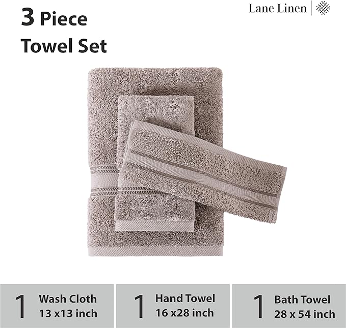 LANE LINEN Luxury Bath Towels Set - 3 Piece 100% Cotton Bathroom Towels, Quick Dry, Extra Aborbent, 1 Hand Towel, 1 Wash Cloths, 1 Bath Towel: Platinum