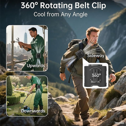 PANERGY Portable Waist Fan, 67H Runtime Wearable Fan with 4+1 Speeds, Storm Mode, 14500mAh Rechargeable Belt Fan with Dual Clip, Flashlight for Outdoor Jobsite(Black)