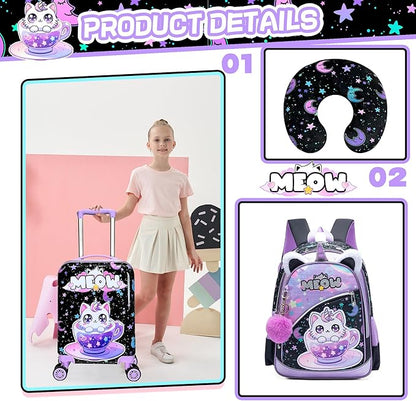 Kid's Luggage Set 5 Piece Suitcase Set 16' Hardside Spinner Wheels Girls Carry On Toddler Travel Rolling Airline Approved