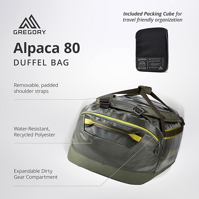 Gregory Alpaca 80L Water-Resistant Adventure Travel/Gear Organization Duffel Bag with Packing Cube Included, Obsidian Black