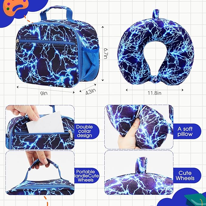 Redbaker 6 Pcs Kids Luggage Set 17 Inch Kids Rolling Luggage Double Pattern Suitcase for Girls Boys School Gift (Blue,17 Inch,Lightning Style)