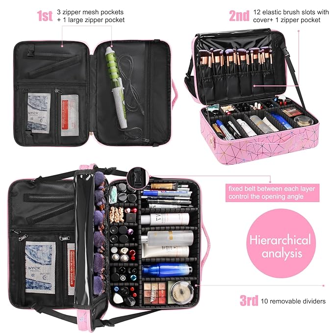 MONSTINA Professional Makeup Case Bag|3 Layers Large Capacity Cosmetic Organizer Brush Bag,Barber Train Case Makeup Artist Box,PU Leather Stylish Geometric Reflection Patterns Pink