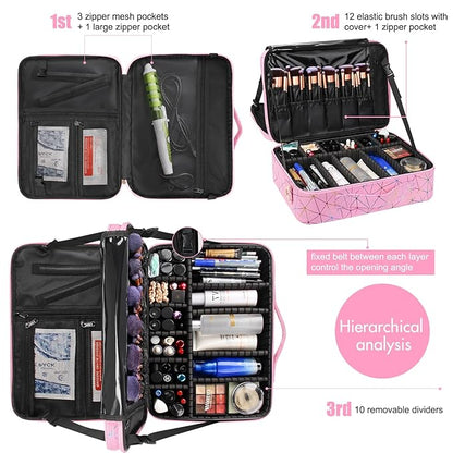 MONSTINA Professional Makeup Case Bag|3 Layers Large Capacity Cosmetic Organizer Brush Bag,Barber Train Case Makeup Artist Box,PU Leather Stylish Geometric Reflection Patterns Pink