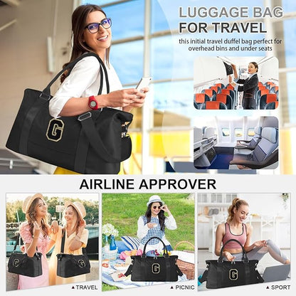 Dance Gym Duffel Bag for Teen Girls, Personalized Initial Travel Weekender Bag,Cute Overnight Carry On Duffle for Women,Sports Travel Cheer Bag,Monogram Christmas Gifts for Tween Preppy(black-G)