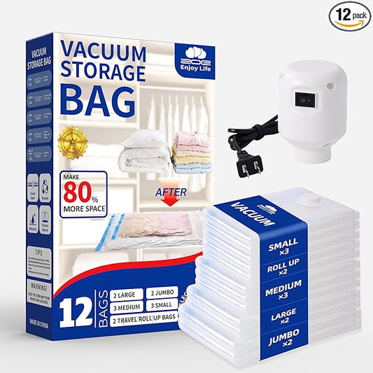 Vacuum Storage Bags for Clothing Travel,12 Pack Vacuum Bags with Pump,Space Saver Bag for Clothes Travel & Home(2 Roll Up Bags,3 Small,3 Medium,2 Large,2 Jumbo)
