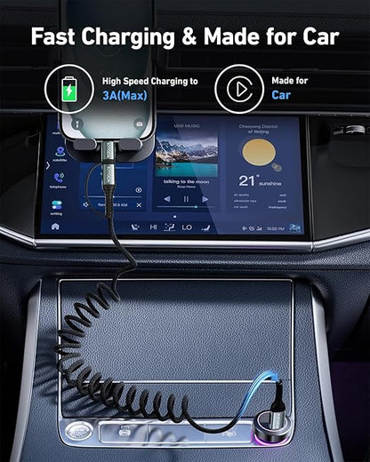 Coiled USB C to Lightning Cable 3FT, 2 in 1 iPhone 15 Charger Cord for Car Nylon Braided Multi Type C to TypeC Fast Charging Cables for iPhone 17 16 15 14 13 12 11 iPad, Samsung Galaxy Sony - 1Pack