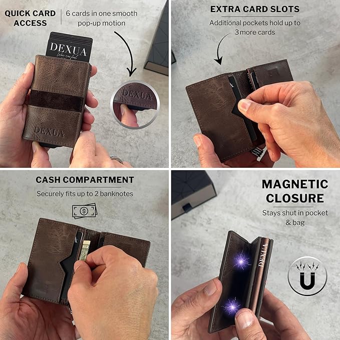 Mens Wallet, Premium Leather Slim Wallet, RFID Blocking Pop-Up Card Holder, Extra Credit Card Slots, Cash Slot, Magnetic Closure, Christmas Gift Ready Gift Box Included