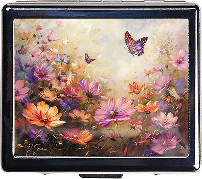 7 Days Chromed Shiny Silver Pill Organizer with Mirror Inside Has 8 Separate Compartments Rectangle,Versatile Storage for Medication - Ideal Travel Accessory (Butterflies in Flowers)