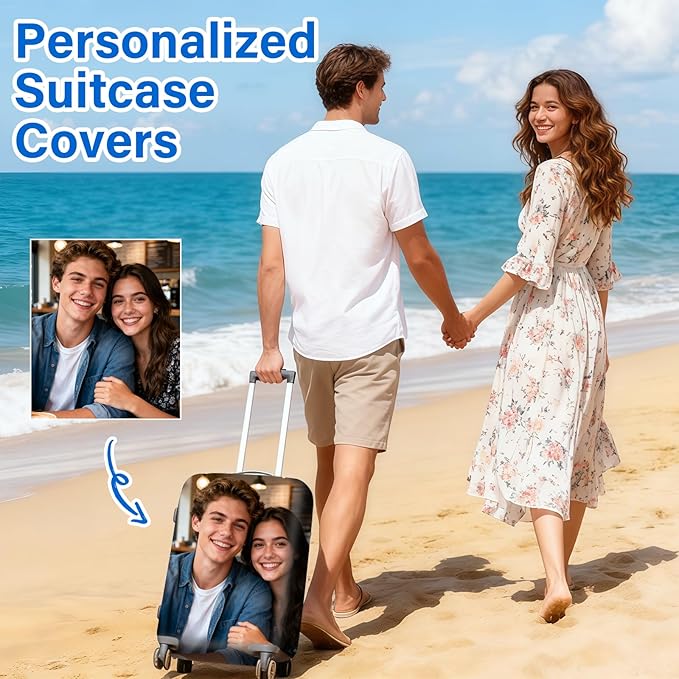 Custom Luggage Cover Personalized Photo Suitcase Protector - Add Your Photo, Name & Text, Double-Sided Design, Elastic & Washable Suitcase Protector Cover