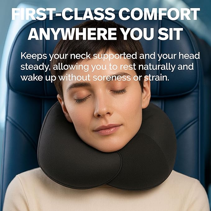 Memory Foam Travel Neck Pillow – Ergonomic 360° Head & Neck Support for Airplanes, Car & Home – Compact Washable Cover, Carry Bag & Earplugs – Best Neck Pillow Airplane, Travel Pillow for Long Flights