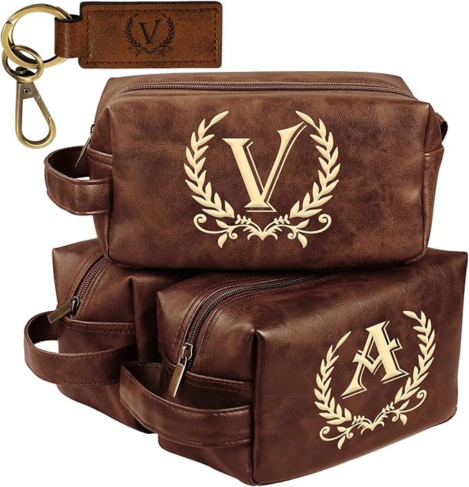 Personalized Travel Toiletry Bag Engraved Letter Leather Kit, Shaving Bag for Toiletries Accessories, Gifts for Men - DarkBrown(V)