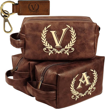 Personalized Travel Toiletry Bag Engraved Letter Leather Kit, Shaving Bag for Toiletries Accessories, Gifts for Men - DarkBrown(V)