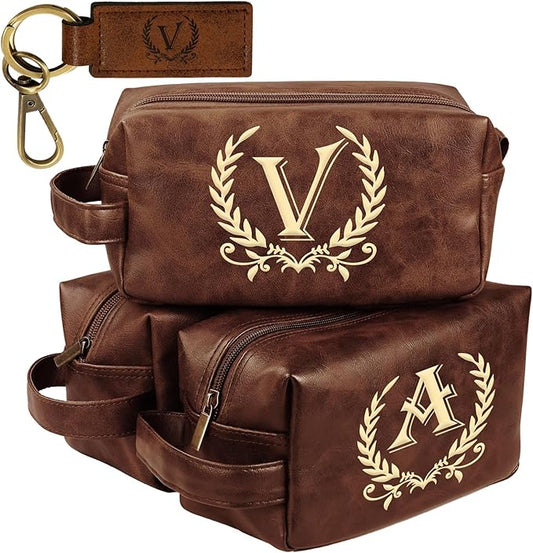Personalized Travel Toiletry Bag Engraved Letter Leather Kit, Shaving Bag for Toiletries Accessories, Gifts for Men - DarkBrown(V)