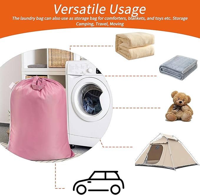 Polecasa Heavy Duty Large Laundry Bag with 130gsm Tear Resistant Fabric and Handles, Easy to Carry Durable Dirty Clothes Drawstring Bag, Perfect for College Dorm, Travel, 2 Pack 28”x36”, Pink