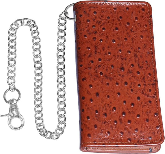 CLASSIC Motorcycle Chain Wallet for Men – Premium Cowhide Leather, RFID Bi-Fold Biker Wallet with Heavy Duty Chain for Bikers Truckers & Hunters, Credit Card Money Organizer Long Wallet Ostrich Brown